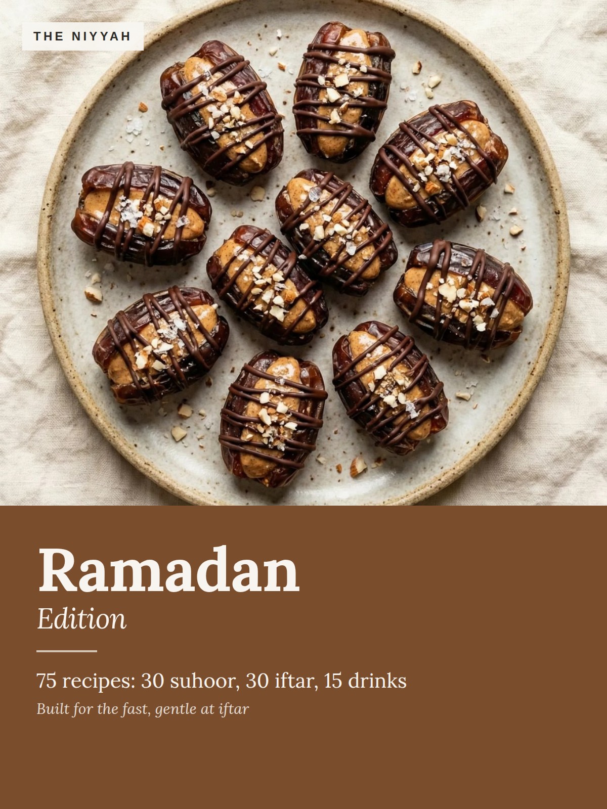 The Niyyah Ramadan Edition cover featuring stuffed dates with chocolate and almonds